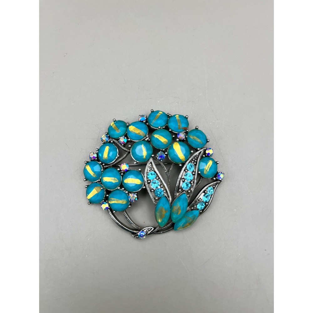 Vtg Aqua Turquoise Silver Tone 2.5" Brooch Satin Style Stone Swedge Construction